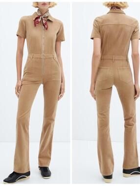 NWT MNG by MANGO Y2K SZ XXS Brown Euro Corduroy Zip Front Slim Straight Jumpsuit